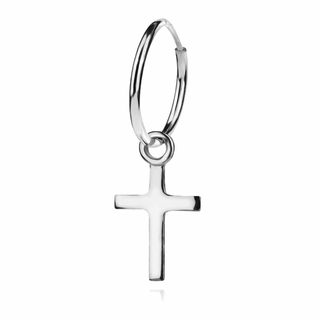 Sterling Silver 925 Single Hoop Cross Earring "Petite Faith" - Silver Image 1