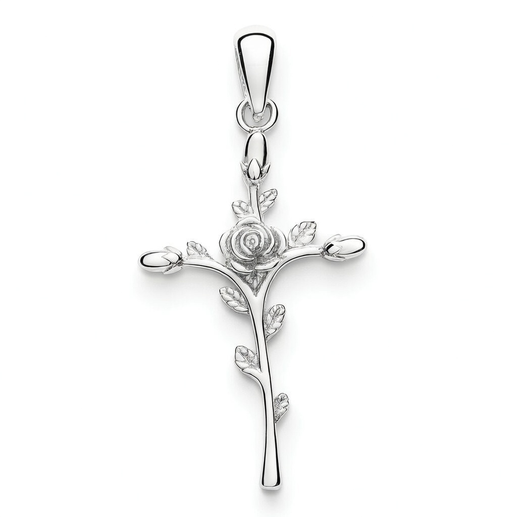 Sterling Silver 925 Rose Cross Pendant "Via Rosa" - Silver Image 1