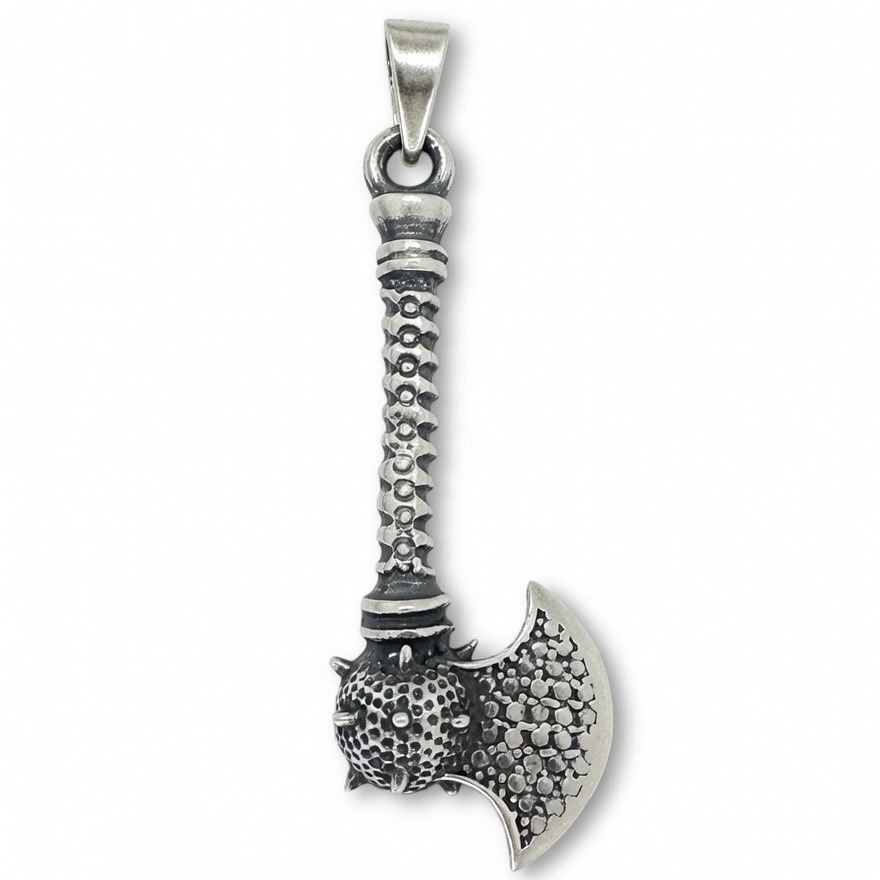 Sterling Silver 925 Viking Medieval Battle Axe Mace Pendant "Thor" - Silver Image 1