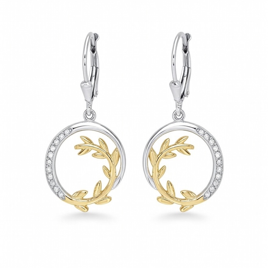 Sterling Silver 925 Yellow Gold Plated Olive Branch CZ Drop Earrings "Olea"