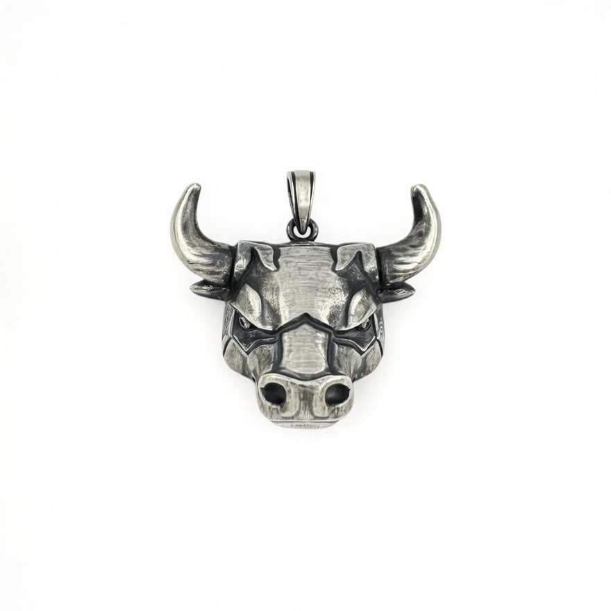 Sterling Silver 925 Bull Head CZ Pendant "Taurus" - Silver Image 1
