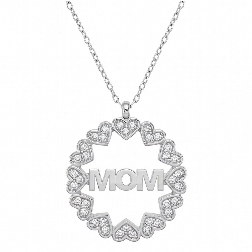 Sterling Silver 925 Round MOM Heart Charm CZ Necklace Pendant "Family"