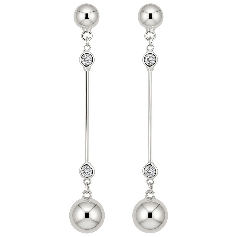 Sterling Silver 925 CZ Bar Drop Earrings "Lara" - Silver Image 1