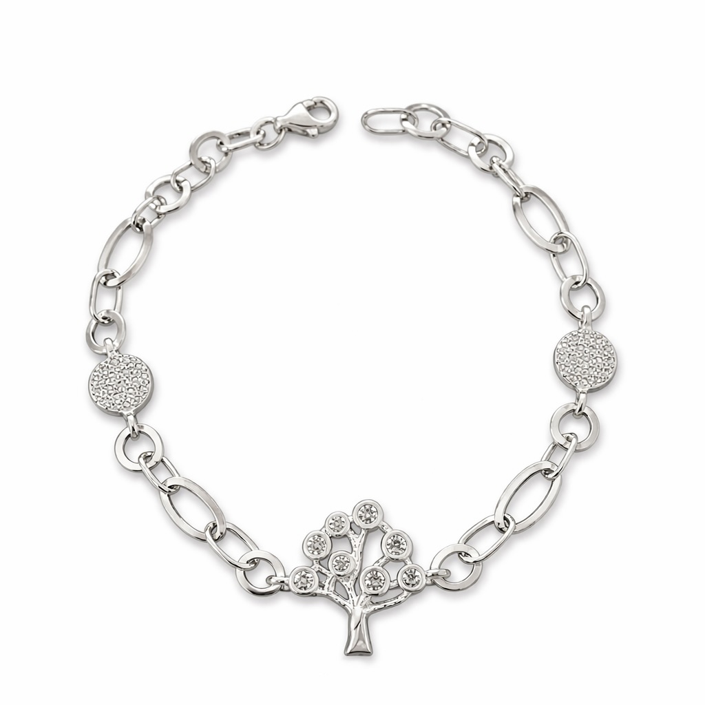 Sterling Silver 925 Tree of Life CZ Charm Chain Bracelet "Arbor"