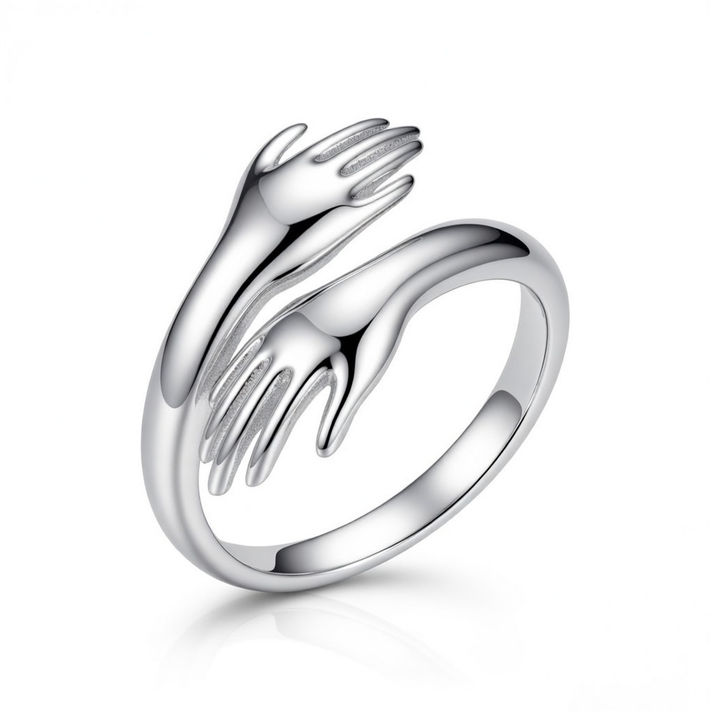 Sterling Silver 925 Hug Hands Ring "Soul" - Silver Image 1