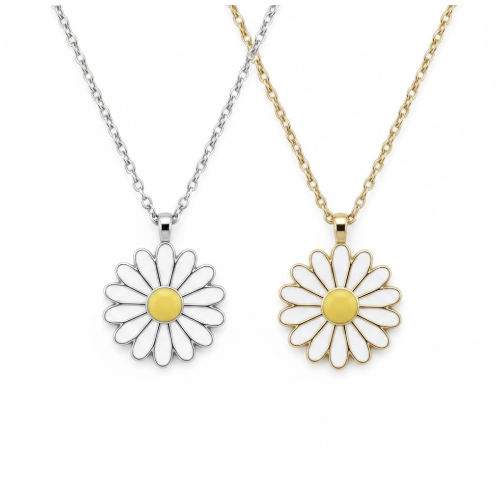 Sterling Silver 925 Daisy Flower Pendant Yellow Gold Plated Necklace "Bellis"
