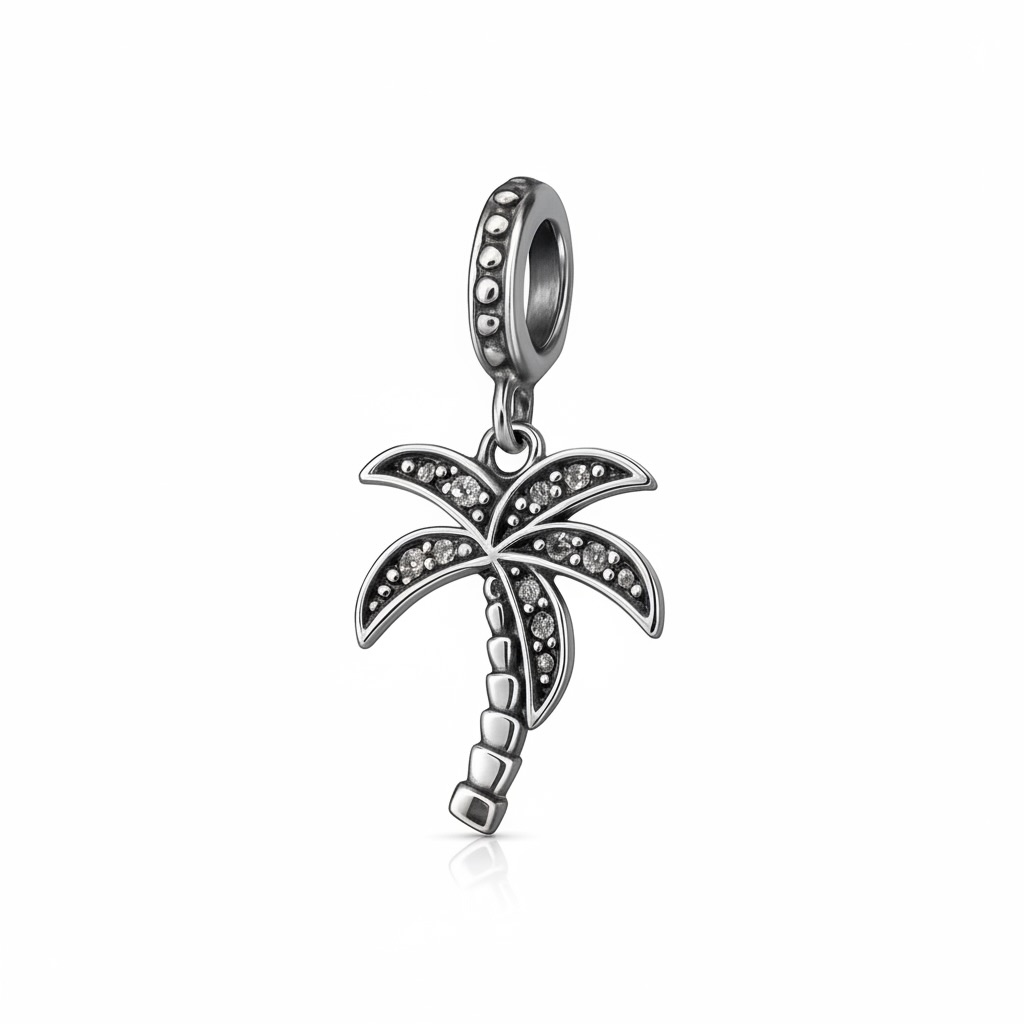 Sterling Silver 925 Palm Tree Bracelet CZ Stones Charm "Summer Breeze"