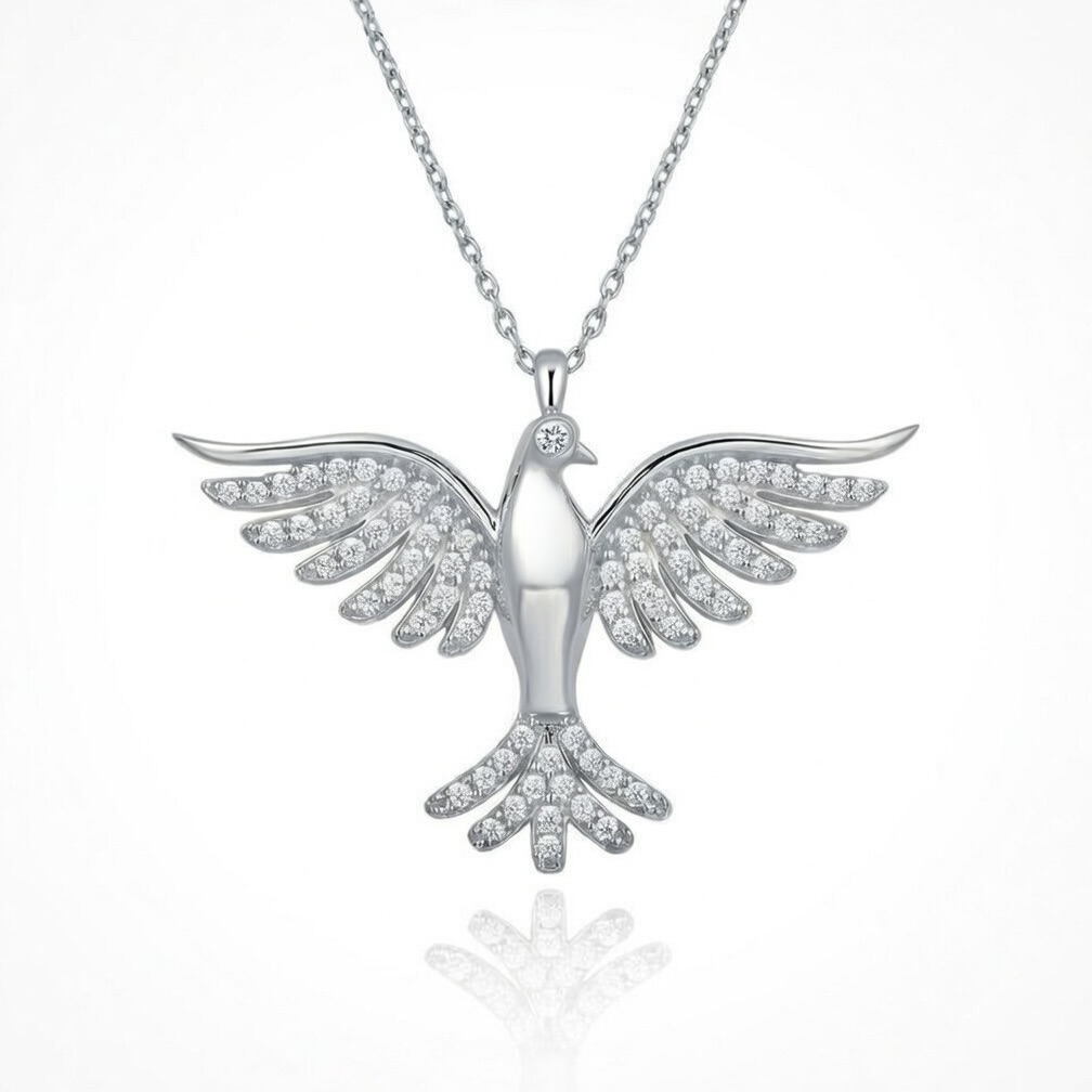 Sterling Silver 925 Phoenix Necklace CZ Pendant "Silver Flame" - Silver Image 1