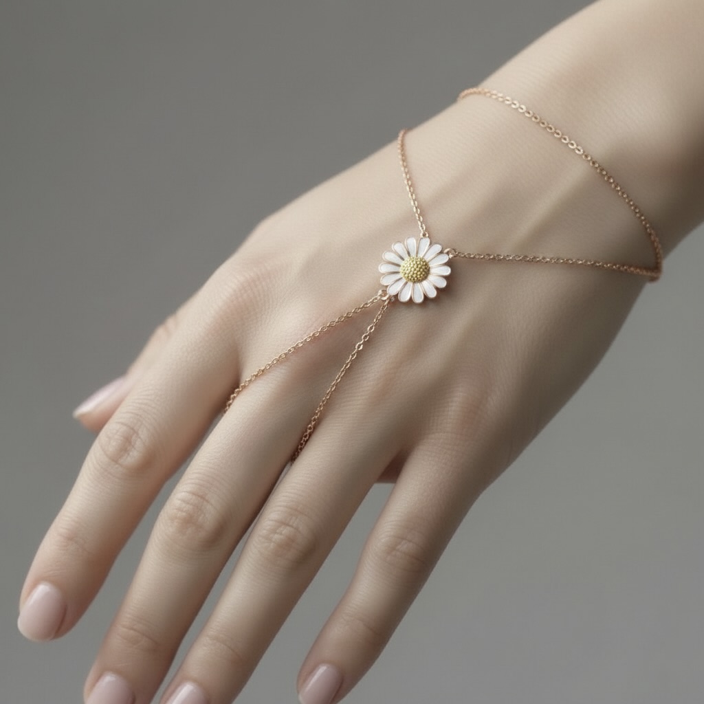 Sterling Silver 925 Rose Gold Plated Daisy Hand Chain Bracelet "Spring" - Image 1
