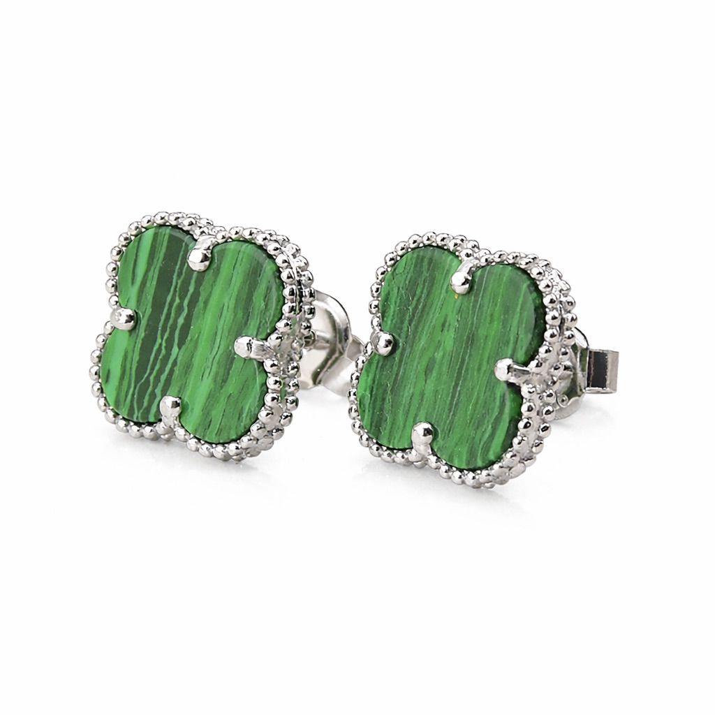 Sterling Silver 925 Green Malachite Clover Stud Earrings “Verdant”