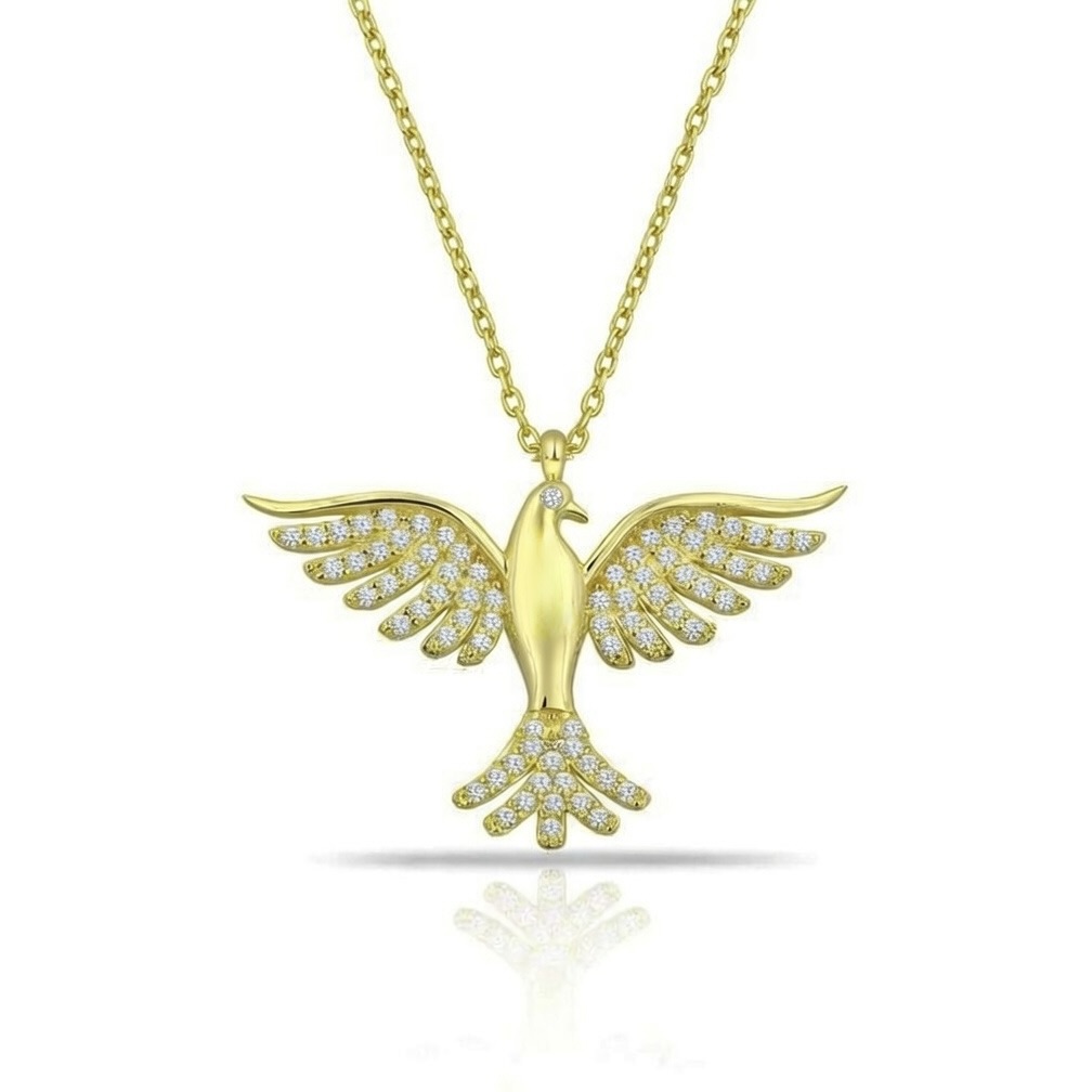 Sterling Silver 925 Gold Plated Phoenix Necklace CZ Pendant "Gold Flame" - Silver Image 1
