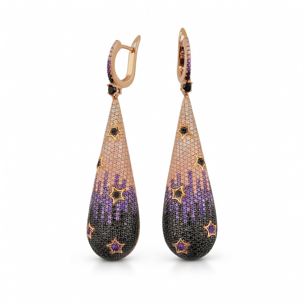 Sterling Silver 925 Gold Plated Multicolour CZ Drop Earrings “Midnight Galaxy”