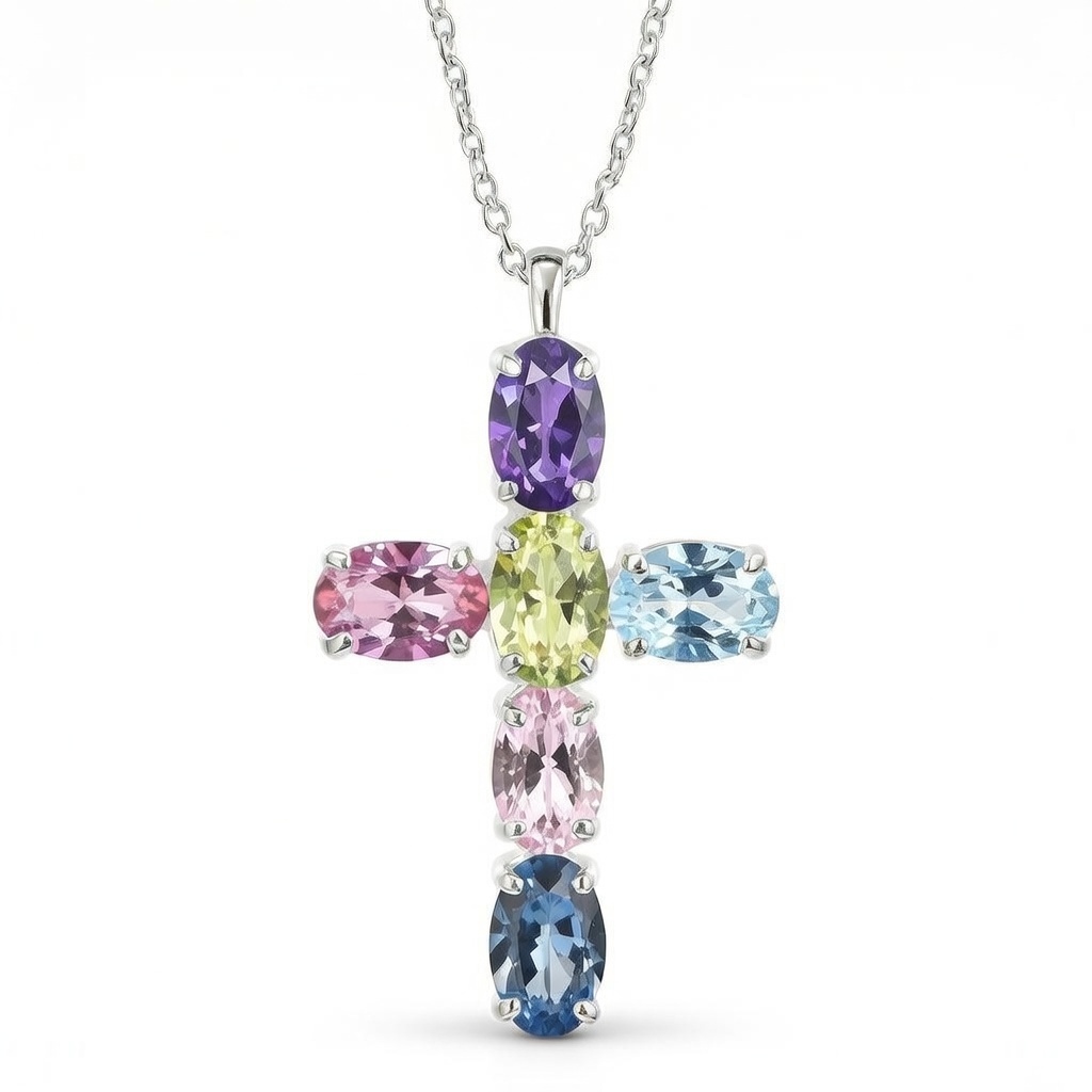Sterling Silver 925 Cross Pendant Swarovski Crystal Necklace "Rainbow"