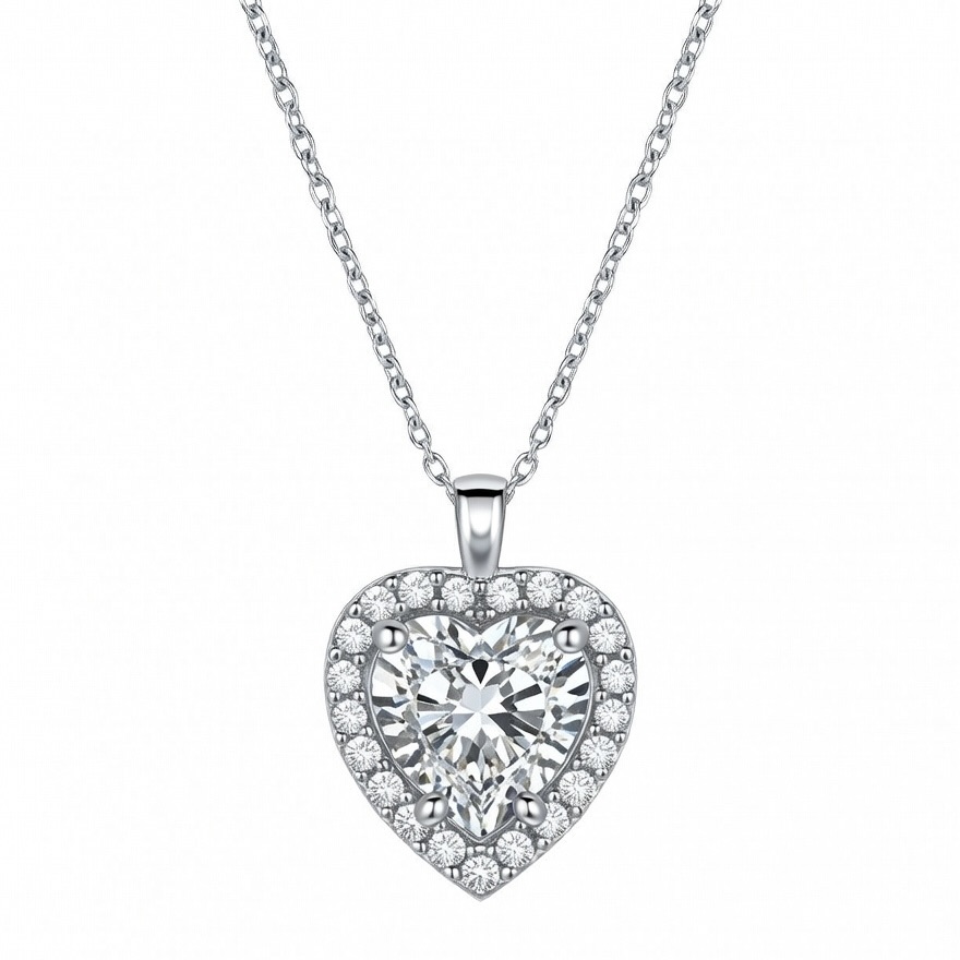 Sterling Silver 925 Halo Heart CZ Charm Necklace Pendant "Ore"