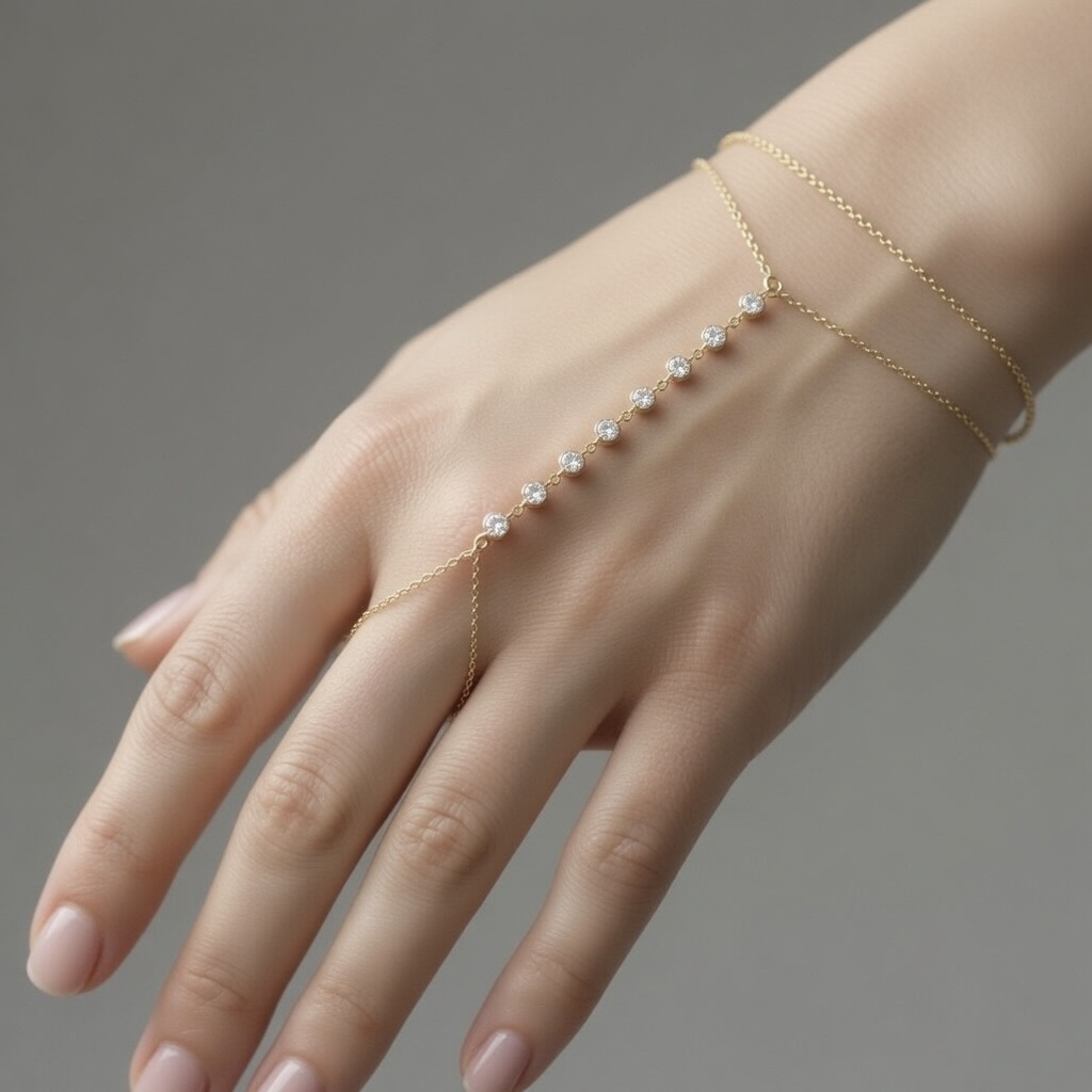 Sterling Silver 925 Yellow Gold Plated CZ Hand Chain Bracelet "Glow" - Image 1