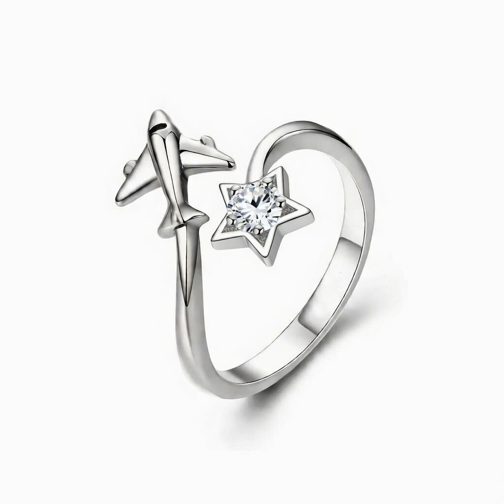 Sterling Silver 925 Airplane Star CZ Ring Adjustable Sizes "Aviara" - Silver Image 1