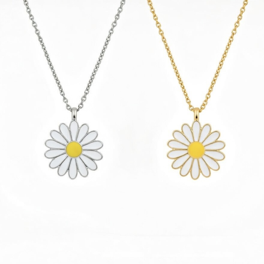 Sterling Silver 925 Daisy Flower Pendant Gold Plated Necklace "Bellis" - Silver Image 1
