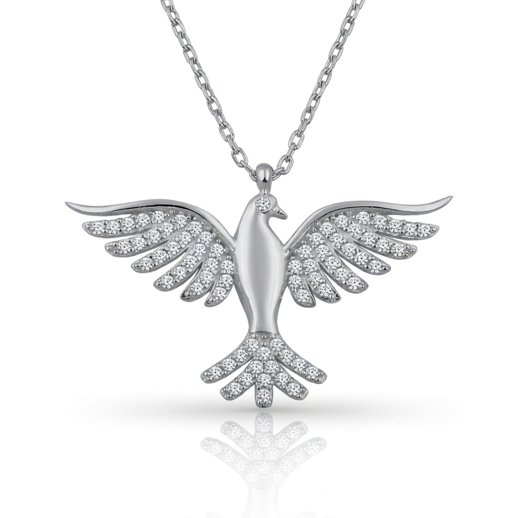 Sterling Silver 925 Phoenix Necklace CZ Pendant "Silver Flame" - Image 1