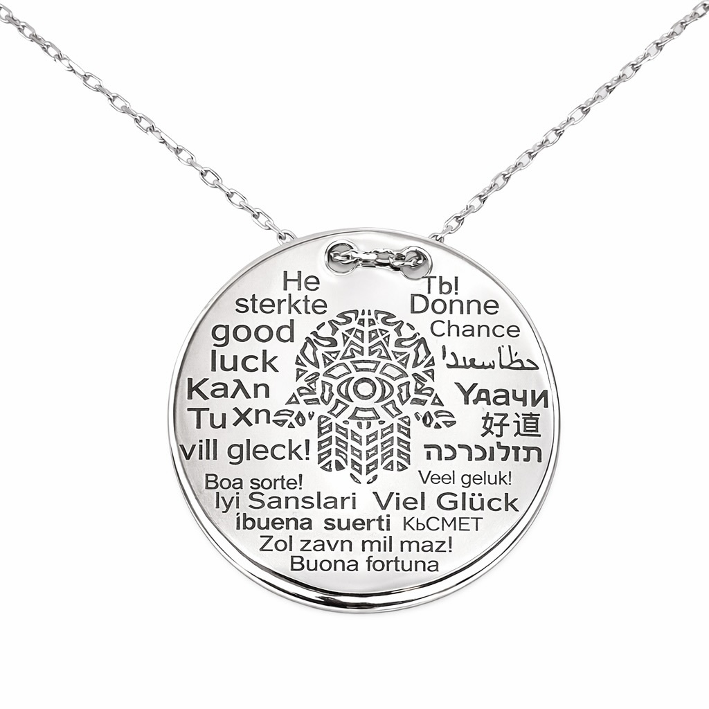 Sterling Silver 925 Multilingual Pendant Necklace "Good Luck" - Silver Image 1