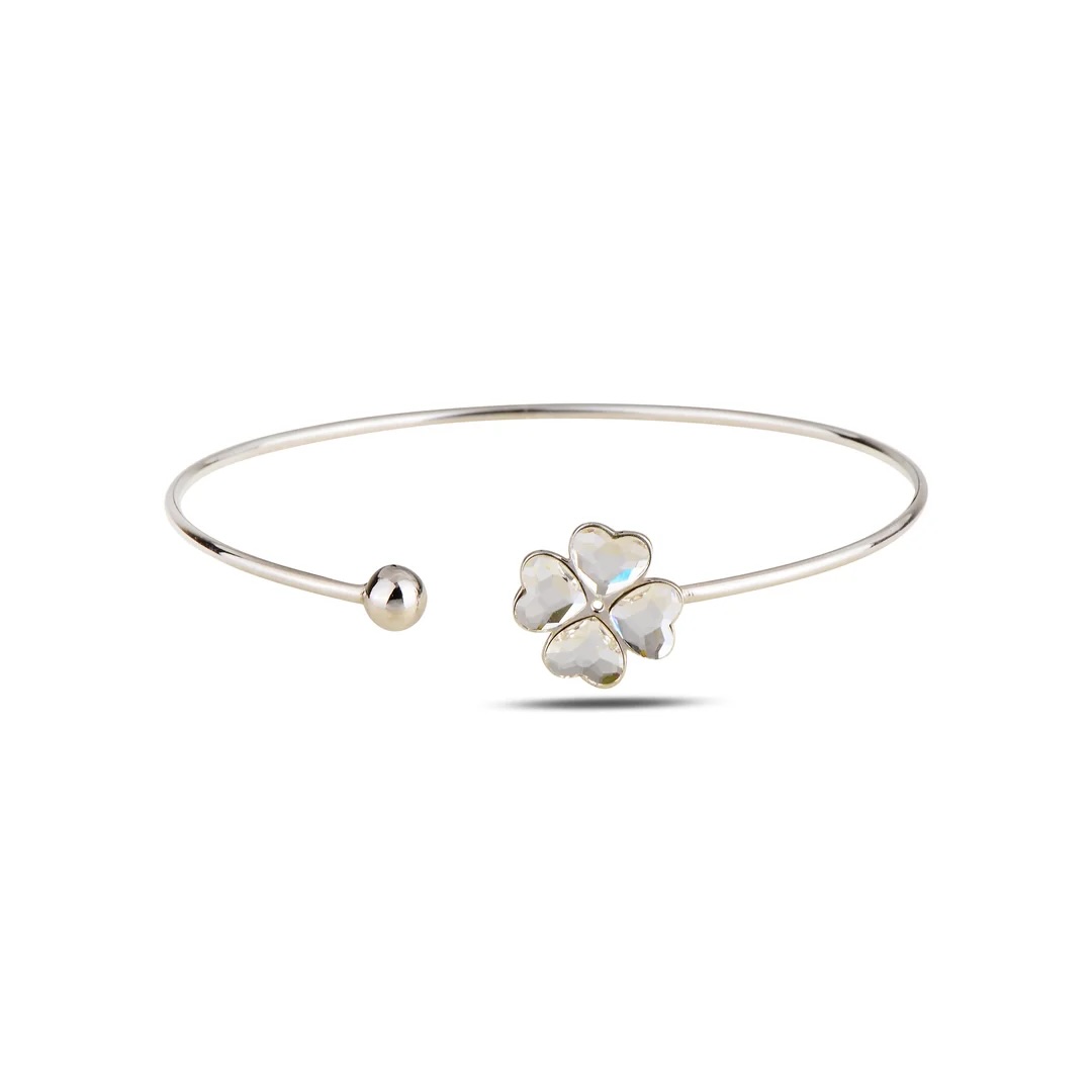 Sterling Silver 925 Four Leaf Clover Swarovski Crystals Cuff Bracelet "Blessed" - Silver Image 1