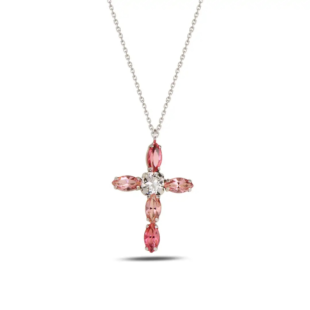 Sterling Silver 925 Cross Swarovski Crystal Pendant Necklace "Rosie" - Silver Image 1