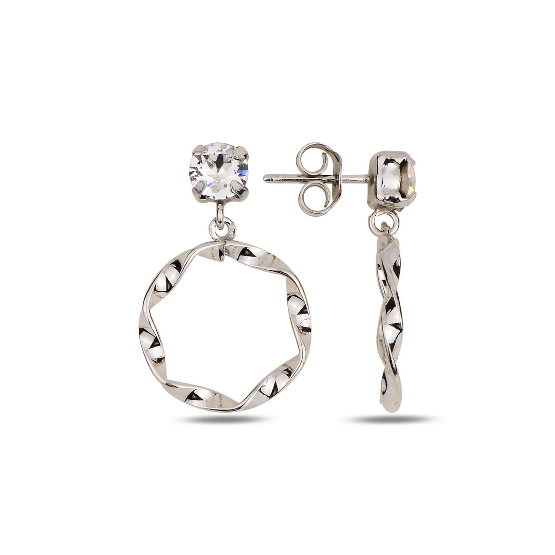 Sterling Silver 925 Twisted Hoop Swarovski Crystal Stud Drop Earrings "Helix" - Silver Image 1