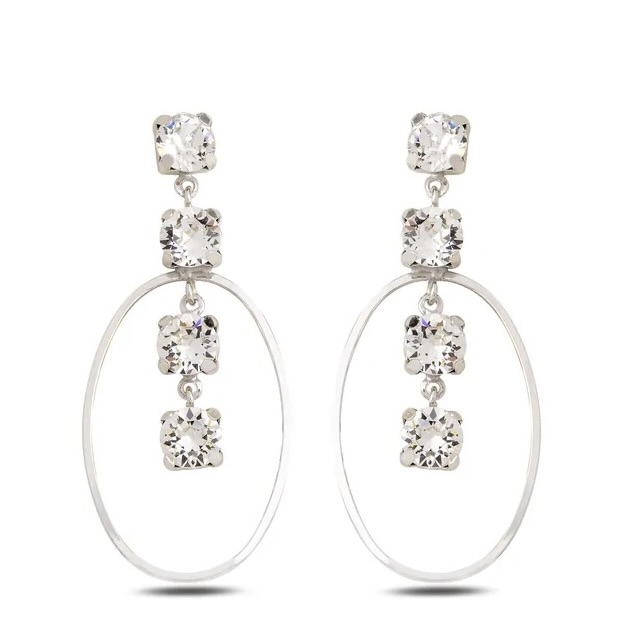 Sterling Silver 925 Oval White Swarovski Crystals Earrings "Eclat"