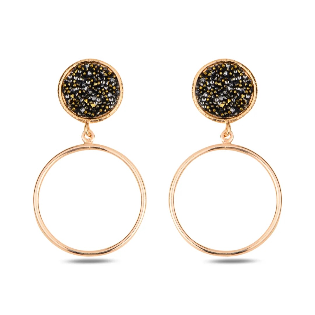 Gold Plated Sterling Silver 925 Black Druzy Stud Drop Earrings "Noir"