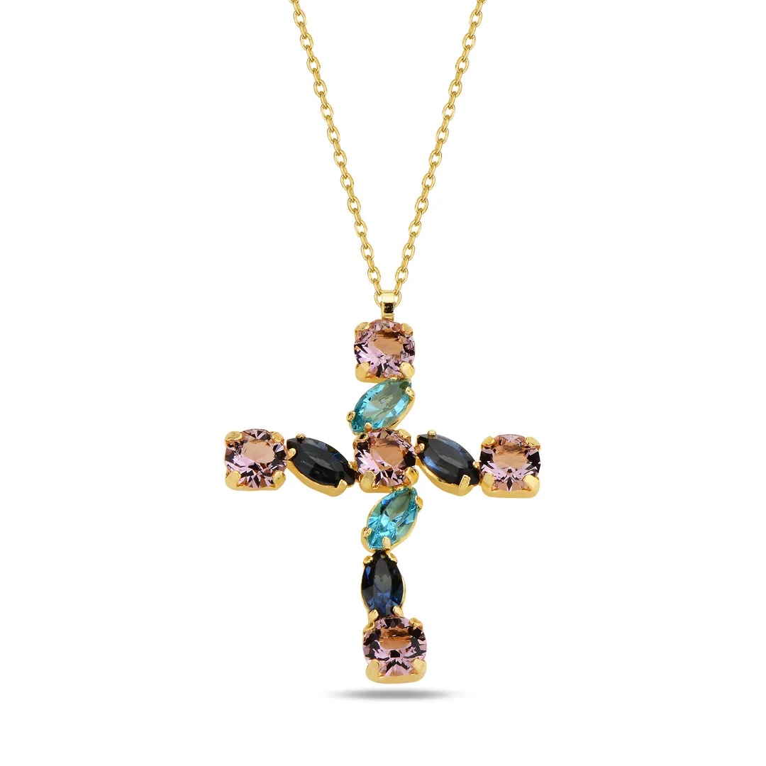 Gold Plated Sterling Silver 925 Cross Pendant Swarovski Crystal Necklace "Prism" - Silver Image 1