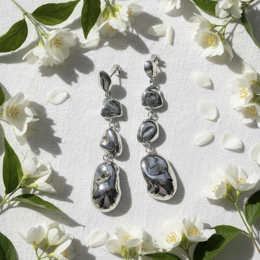 Sterling Silver 925 Dangle Drop Stud Earrings "Alluvial" - Image 2