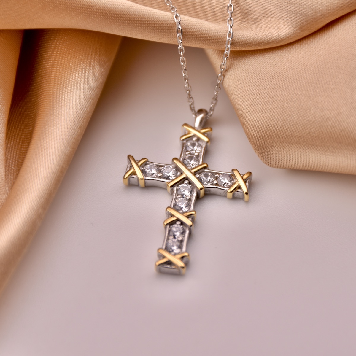 Sterling Silver 925 Cross Pendant Gold Plated CZ Necklace "Belle" - Silver Image 3