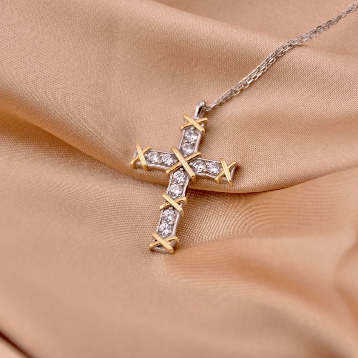 Sterling Silver 925 Cross Pendant Gold Plated CZ Necklace "Belle" - Silver Image 2
