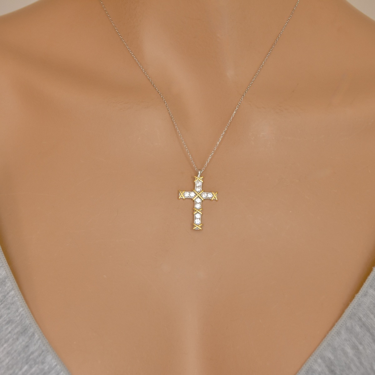 Sterling Silver 925 Cross Pendant Gold Plated CZ Necklace "Belle" - Silver Image 4