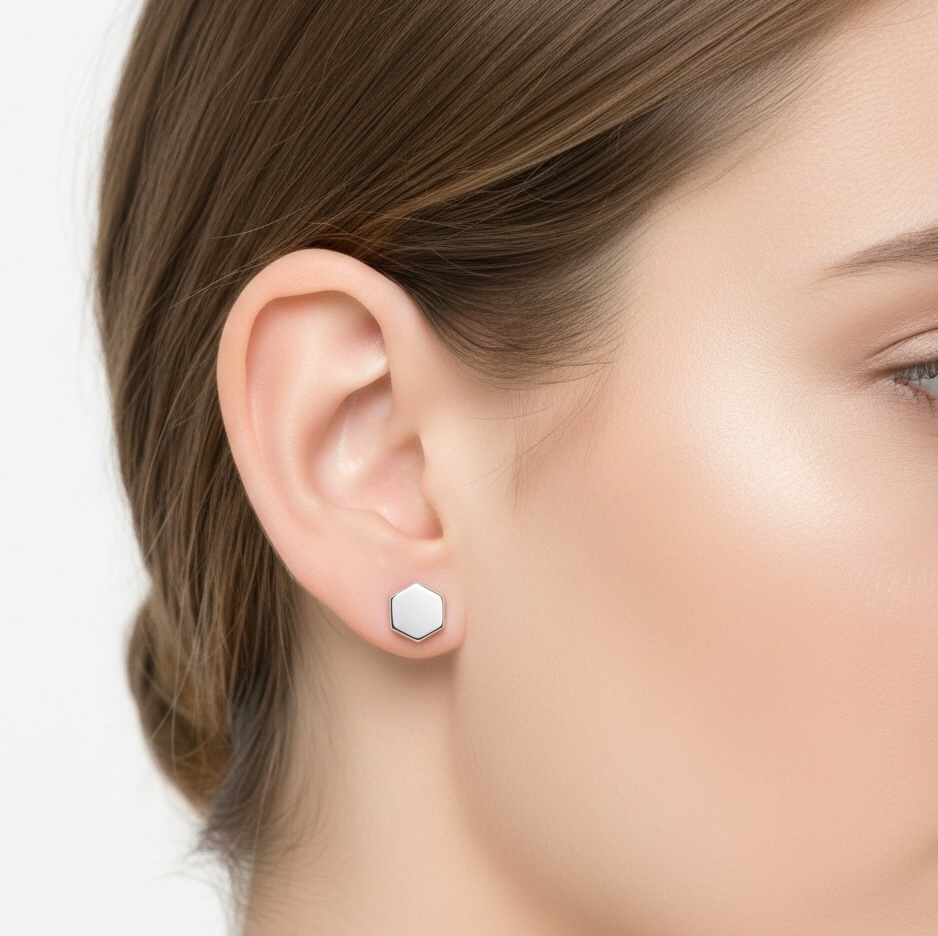 Sterling Silver 925 Hexagon Stud Earrings "Nexus" - Silver Image 2