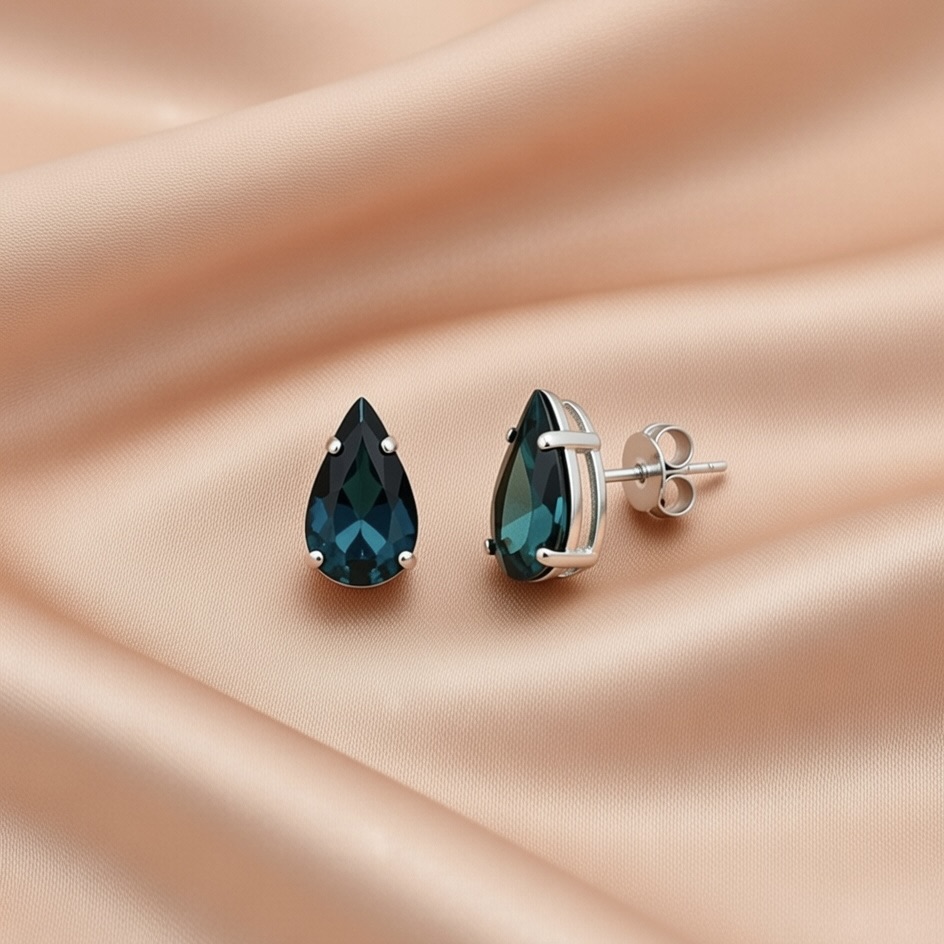 Sterling Silver 925 Teardrop Swarovski Crystal Stud Earrings "Vireo" - Silver Image 2