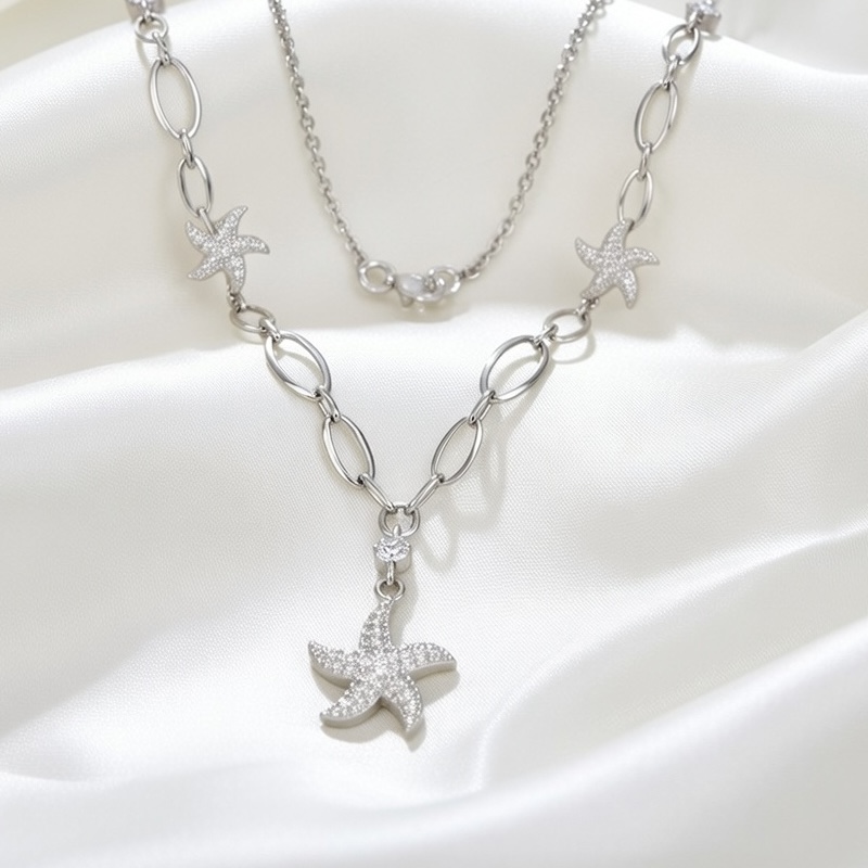 Sterling Silver 925 Seastar CZ Pendant Necklace "Venus" - Silver Image 2