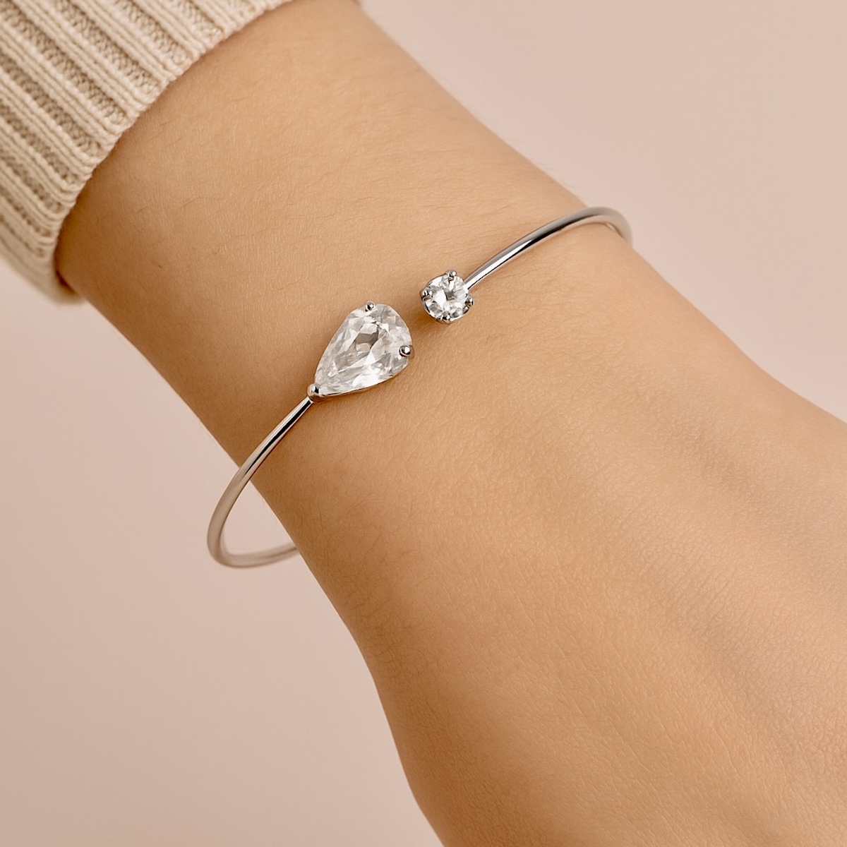 Sterling Silver 925 Swarovski Crystal Cuff Bracelet "Toi et Moi" - Silver Image 2