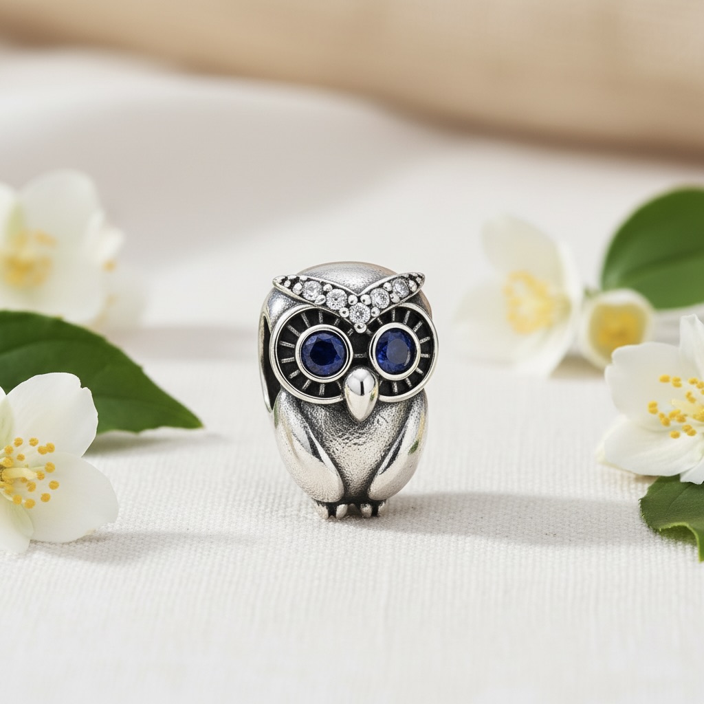 Sterling Silver 925 Wise Owl Bracelet Bead Charm “Midnight Eyes” - Image 2