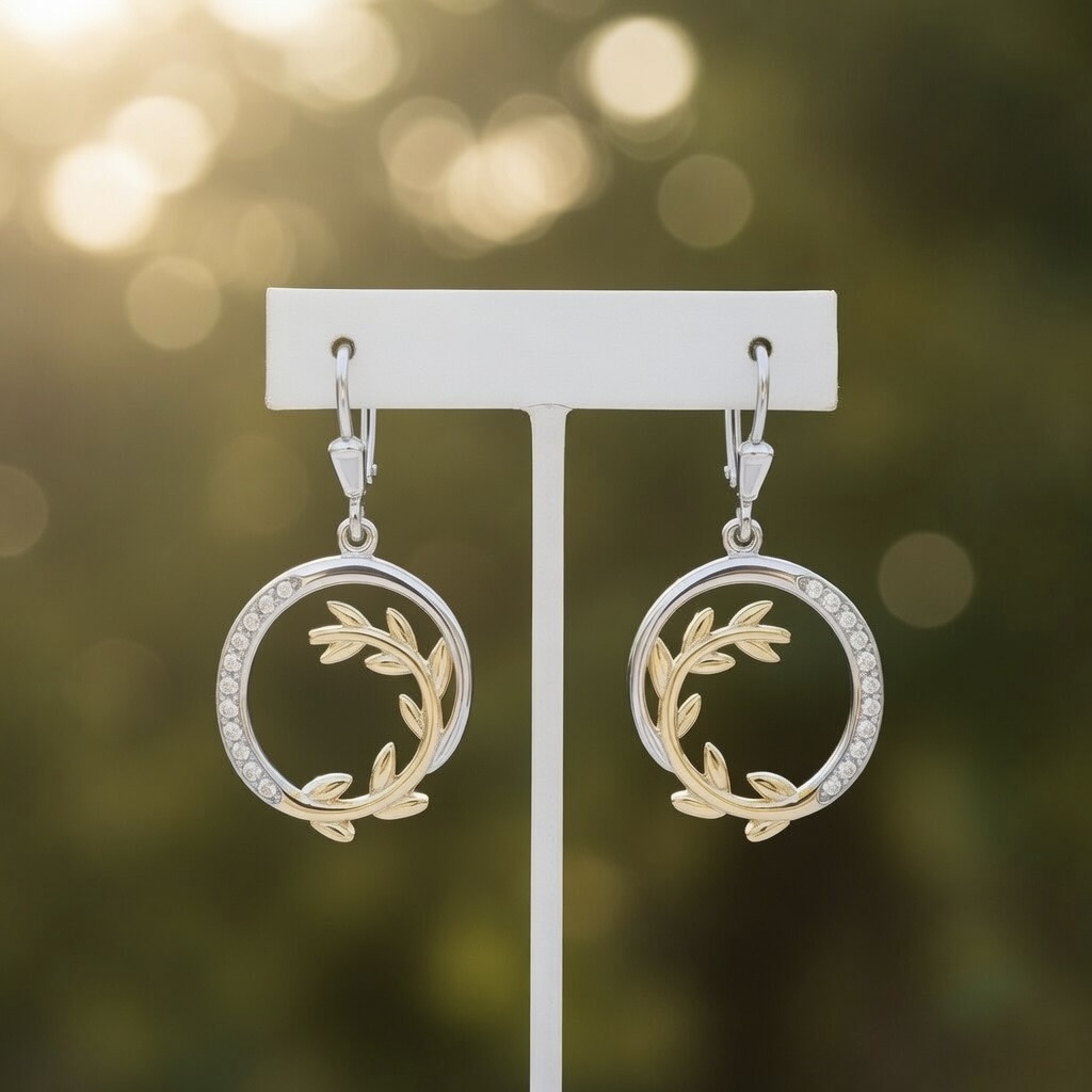 Sterling Silver 925 Yellow Gold Plated Olive Branch CZ Drop Earrings "Olea" - Image 2