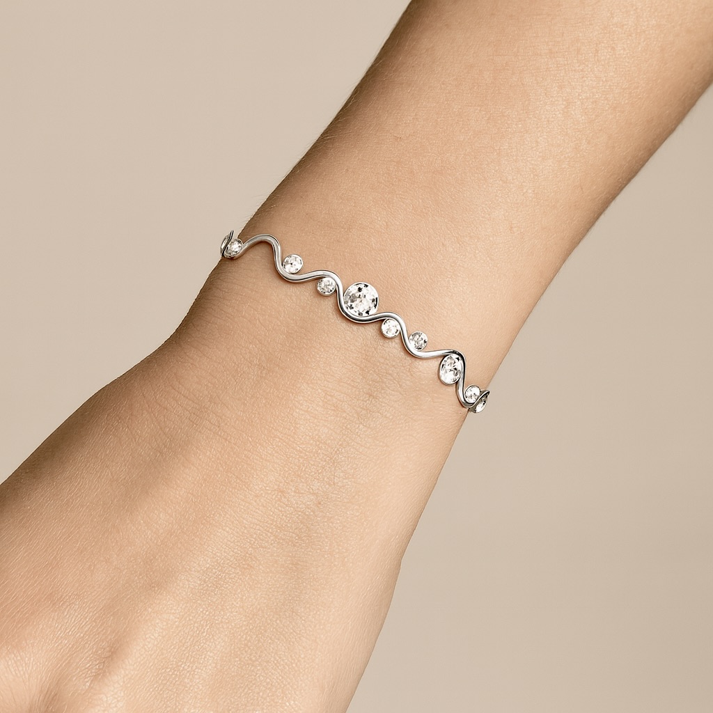 Sterling Silver 925 Wavy Swarovski Crystals Bangle Bracelet "Serena" - Silver Image 2