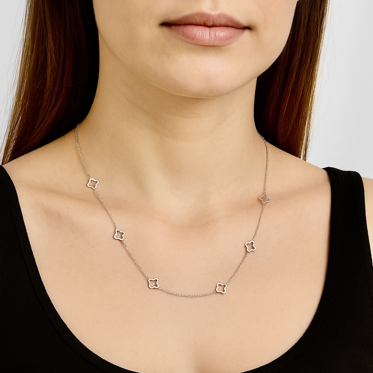 Sterling Silver 925 Openwork Four Leaf Clover Chain Necklace "Oxalis" - Silver Image 2