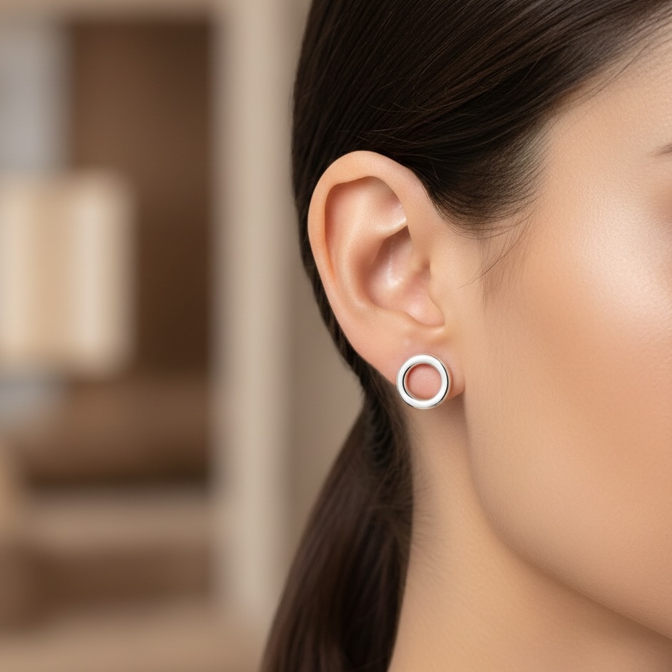 Sterling Silver 925 Hoop Stud Earrings "Minimal Circle" - Silver Image 3