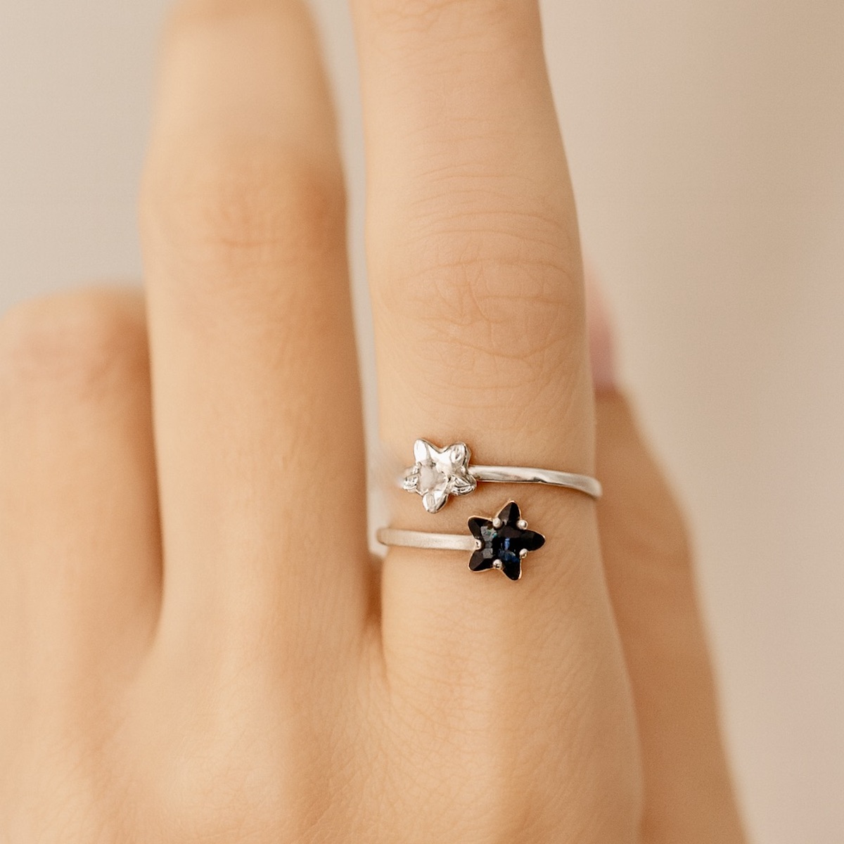 Sterling Silver 925 Double Stars Swarovski Crystal Adjustable Wrap Ring "Polaris" - Silver Image 2