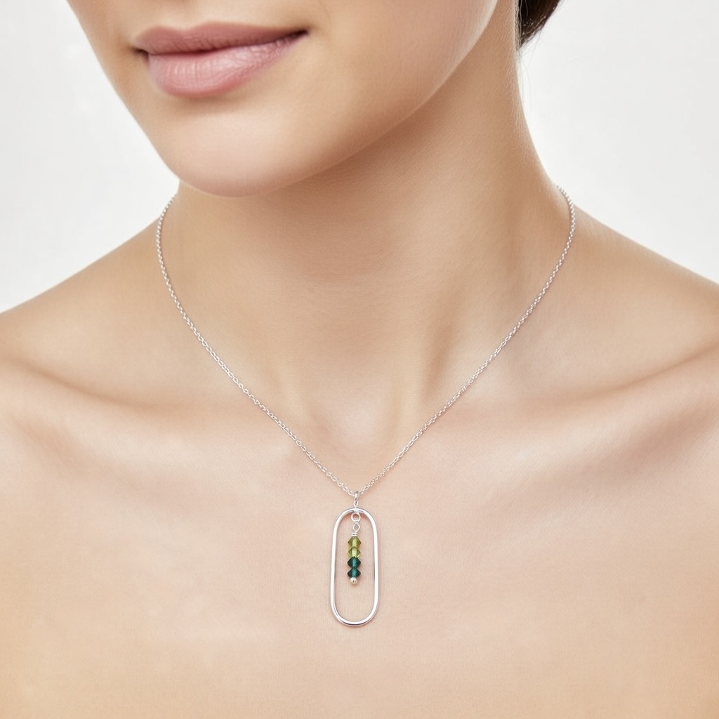 Sterling Silver 925 Oval Swarovski Crystal Pendant Necklace "Verde" - Silver Image 3