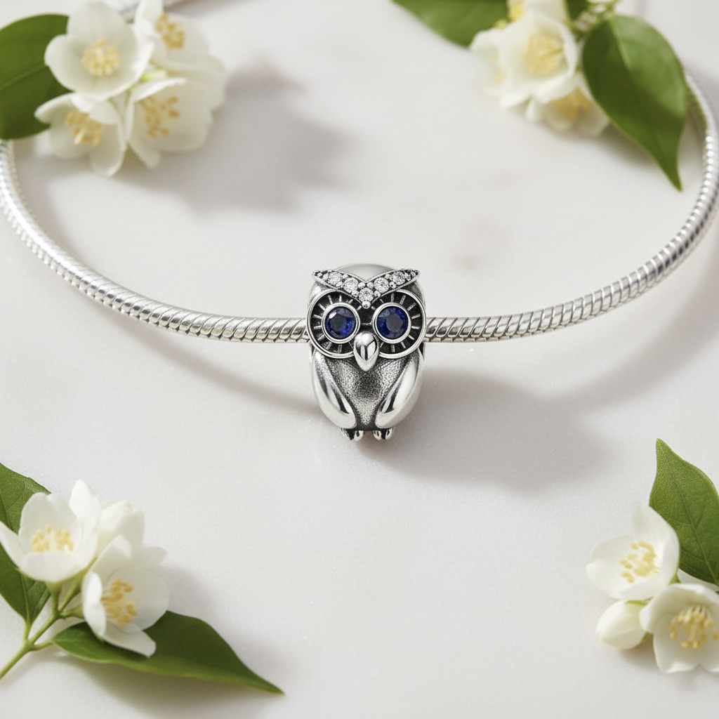 Sterling Silver 925 Wise Owl Bracelet Bead Charm “Midnight Eyes” - Image 3