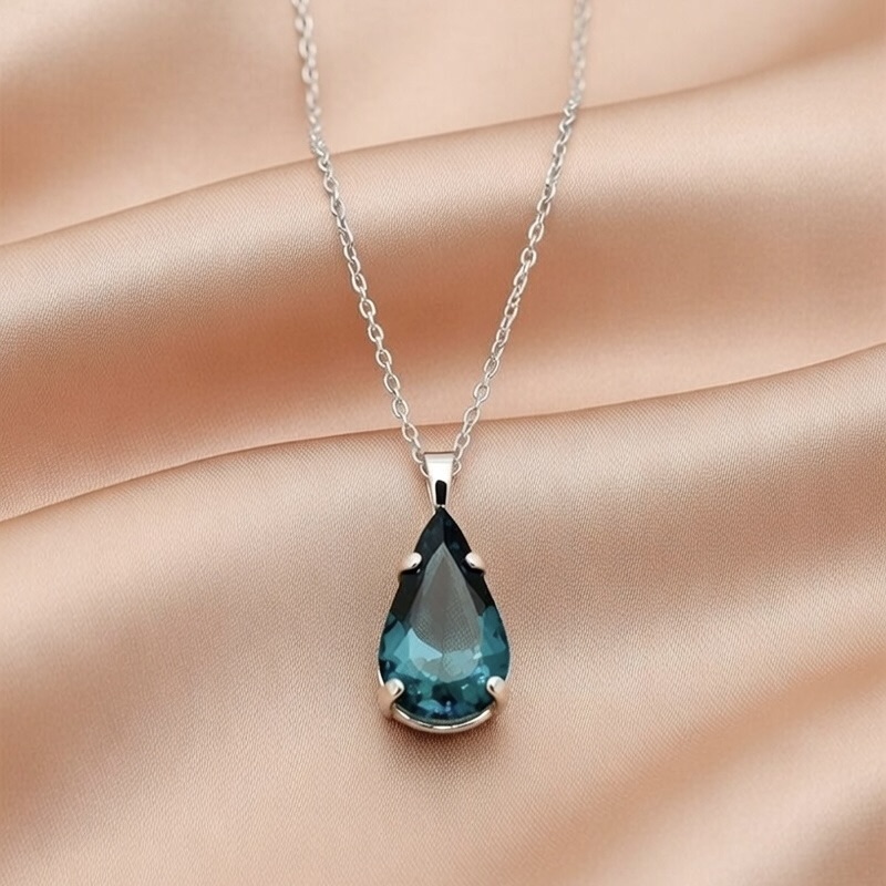 Sterling Silver 925 Teardrop Swarovski Crystal Necklace Pendant "Vireo" - Silver Image 2