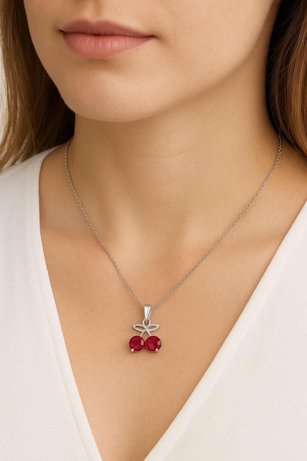Sterling Silver 925 Red Cherry CZ Pendant "Sweet Scarlet" - Silver Image 2