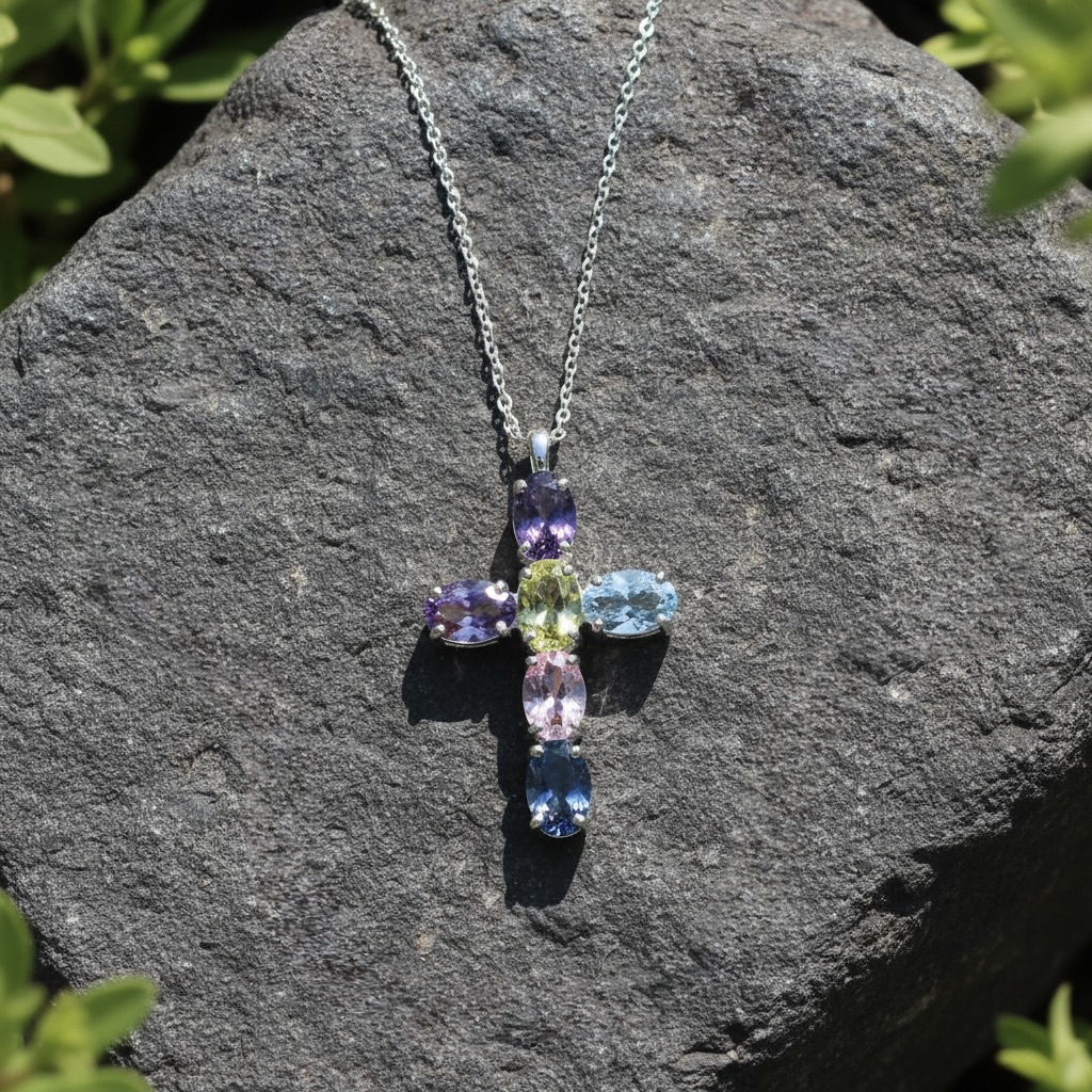 Sterling Silver 925 Cross Pendant Swarovski Crystal Necklace "Rainbow" - Image 2