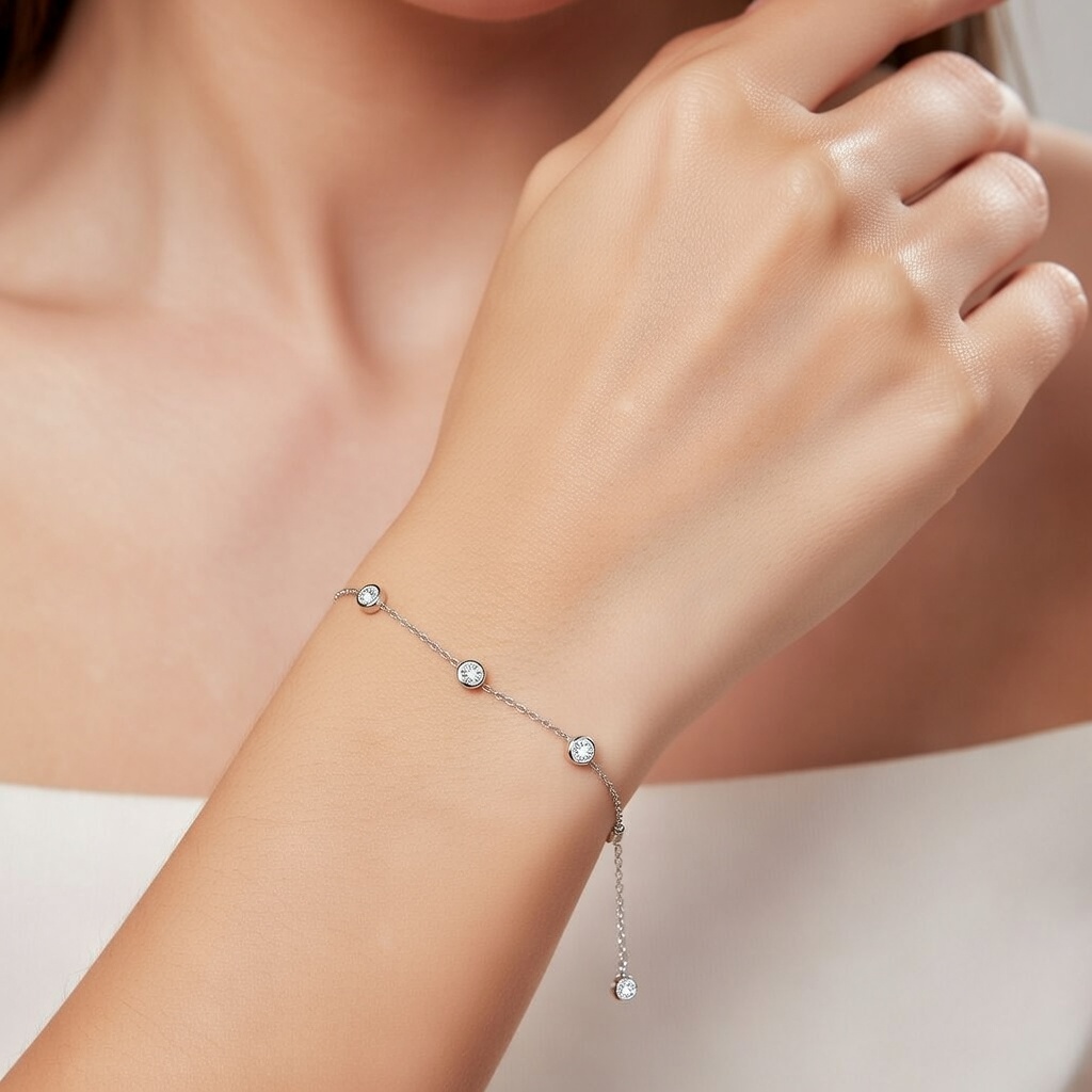 Sterling Silver 925 CZ Station Chain Bracelet "Phoebe" - Silver Image 2