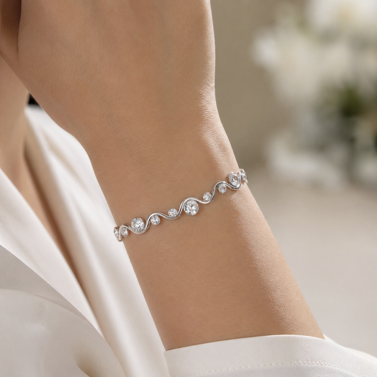 Sterling Silver 925 Wavy Swarovski Crystals Bangle Bracelet "Serena" - Image 3